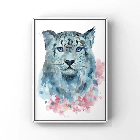 Blue Pink watercolor Snow Leopard portrait wall art home decor. - Picture 2 of 4